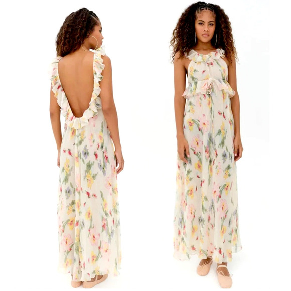 For Love & Lemons Dresses & Skirts - For Love&Lemons L Abby $298 Romantic Floral Maxi Dress Backless Ruffle Cream NWT